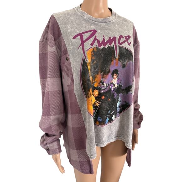 Upcycled Prince Purple Rain Graphic Band Flannel Plaid Shirt Grunge Country Rock - Picture 2 of 7